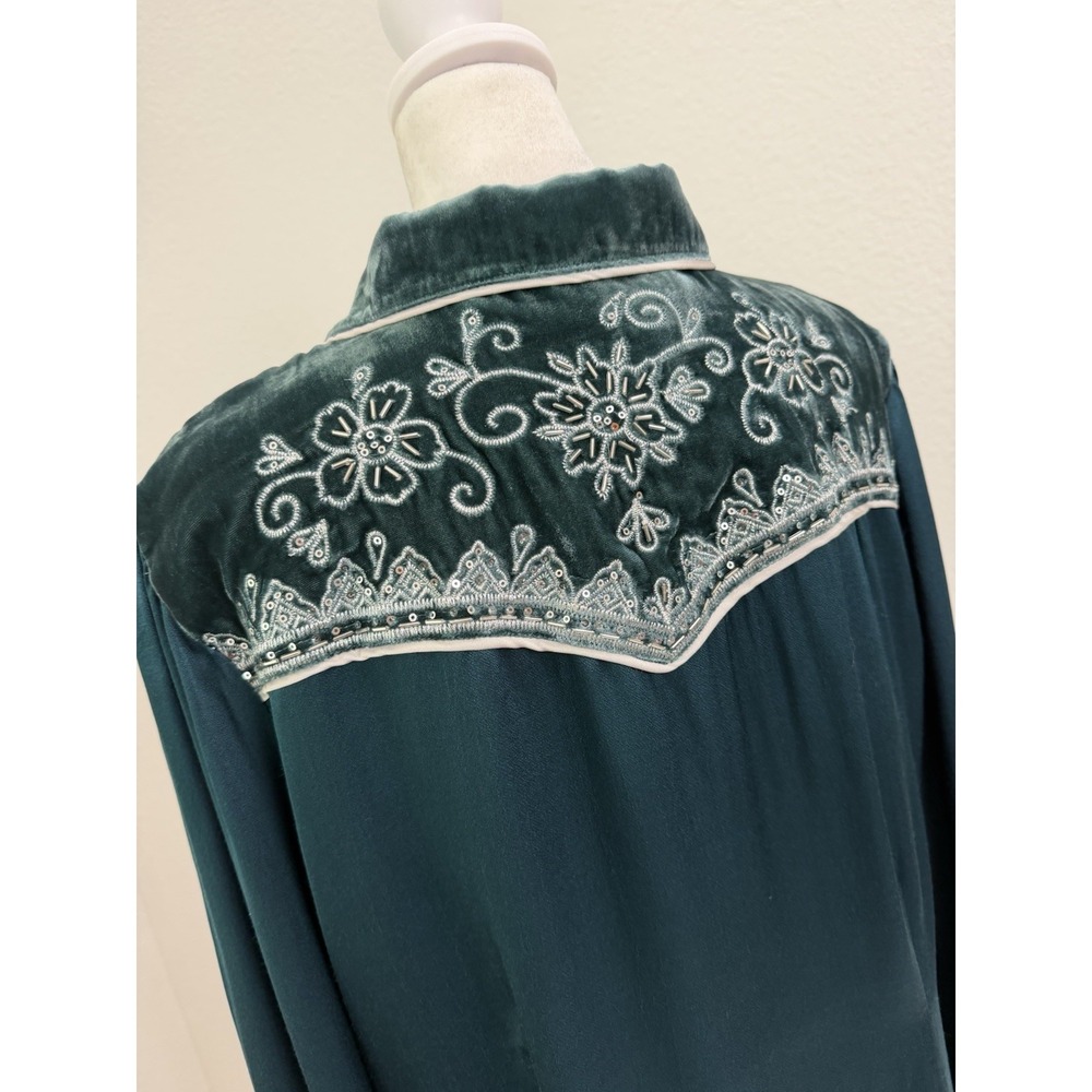 Vintage Shyanne Velvet Trim Embroidered Western Blouse XL Green Boho - Picture 5 of 9